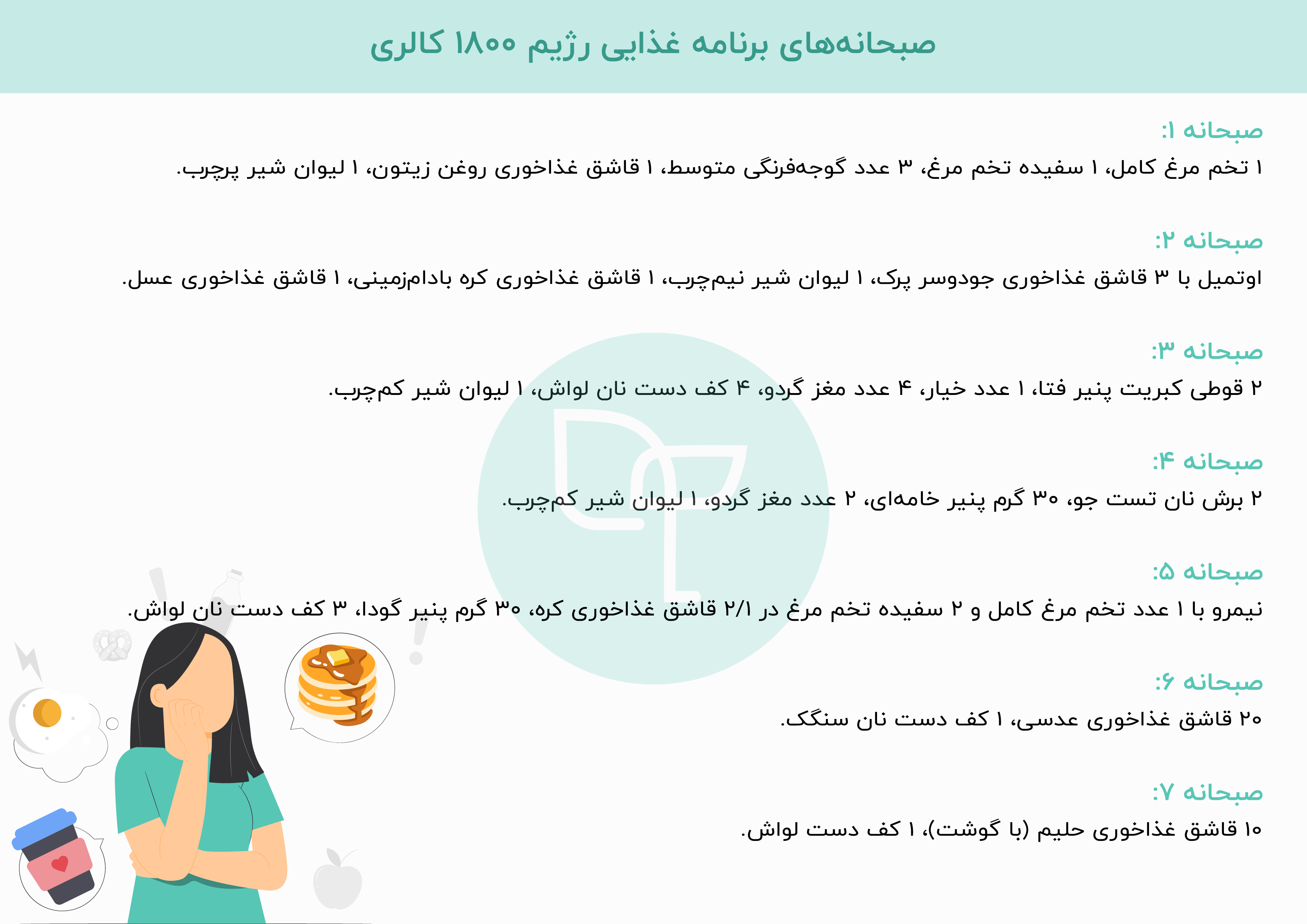 نمونه رایگان رژیم ۱۸۰۰ کالری برای یک هفته